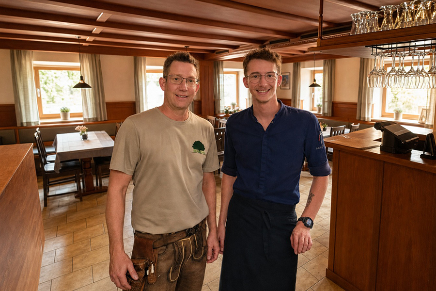 Wirt z'Hagenau - Fam. Probst | Michael und Fabian Probst lächeln in der gemütlichen, holzverkleideten Gaststube des Gasthofs. Im Hintergrund befinden sich die Theke mit Gläsern und verdeckt gedeckte Esstische.
