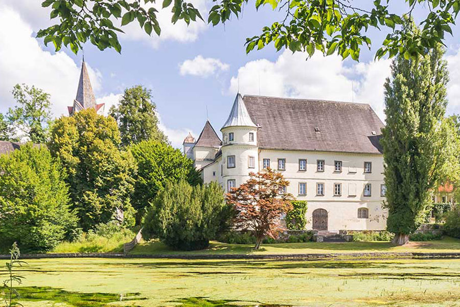 Wirt z'Hagenau - Fam. Probst | Außenansicht des Schlosses mit Wassergraben davor. Das historische Gebäude ist umgeben von grünen Bäumen und Büschen unter einem teilweise bewölkten Himmel. Im Vordergrund sind Algen im Wasser zu sehen.